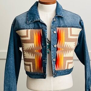 Denim Jacket with Southwestern Aztec Wool Pattern